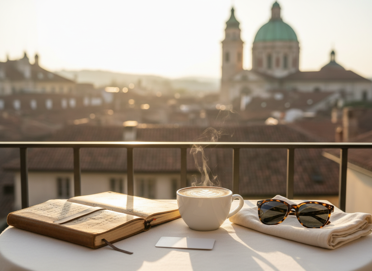 A sunlit hotel balcony table set for a quiet morning in a European city, featuring a worn leather travel notebook half open beside a porcelain cup of cappuccino crowned with delicate foam. A pair of tortoiseshell sunglasses rests on a neatly folded linen scarf, while a keycard from a boutique hotel lies casually nearby, turned to avoid any text. Below, the city’s terracotta rooftops and distant church towers blur into a soft bokeh. Warm golden morning light streams across the scene, catching the steam rising from the cup and creating subtle reflections in the lenses. Photographic realism, composed using the rule of thirds from a seated eye-level perspective, with an atmosphere of calm, personal discovery and curated, sophisticated travel.